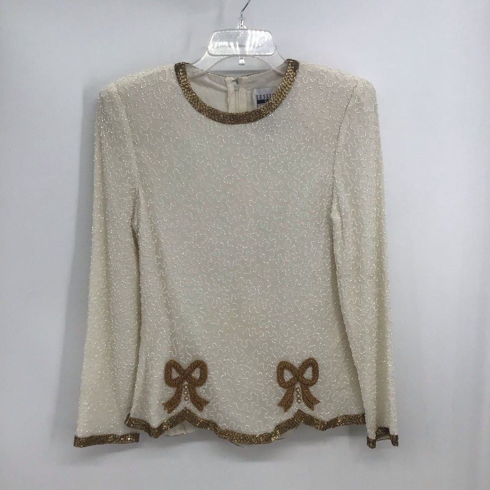 Vintage Leslie Fay Evenings Beaded 100% Bow Holiday Top Party Creme Size MP